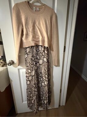Joie Beige Sweater with Snake-Print Pleated Skirt